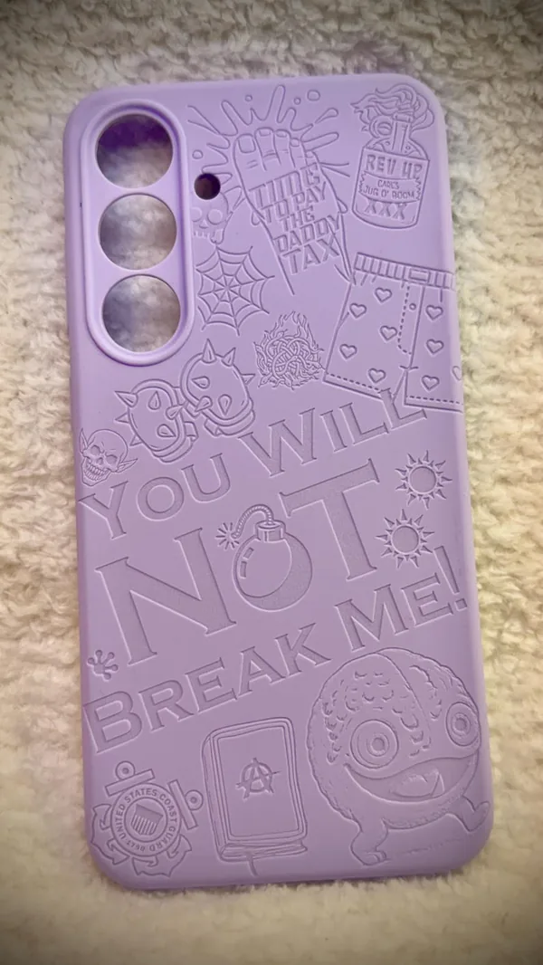 Lavender engraved phone case reading you will not break me with dungeon crawler artwork.