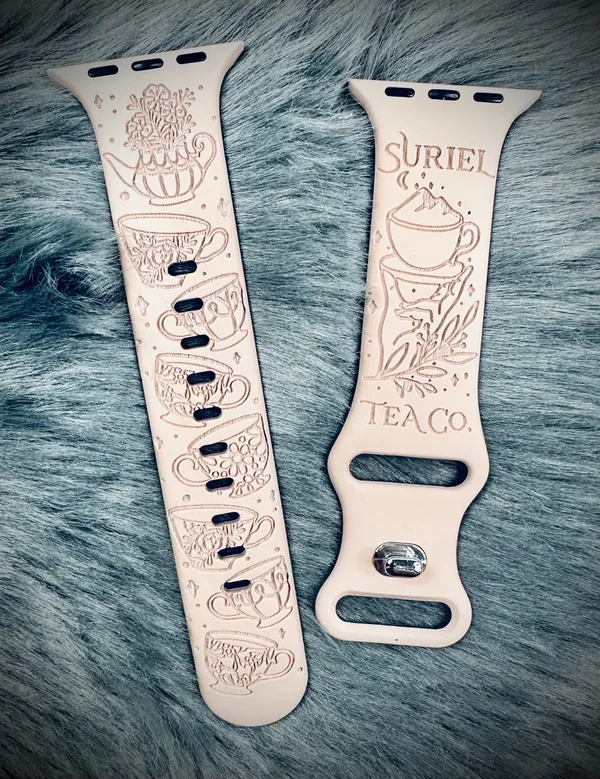 Engraved watch band reading Suriel tea time.